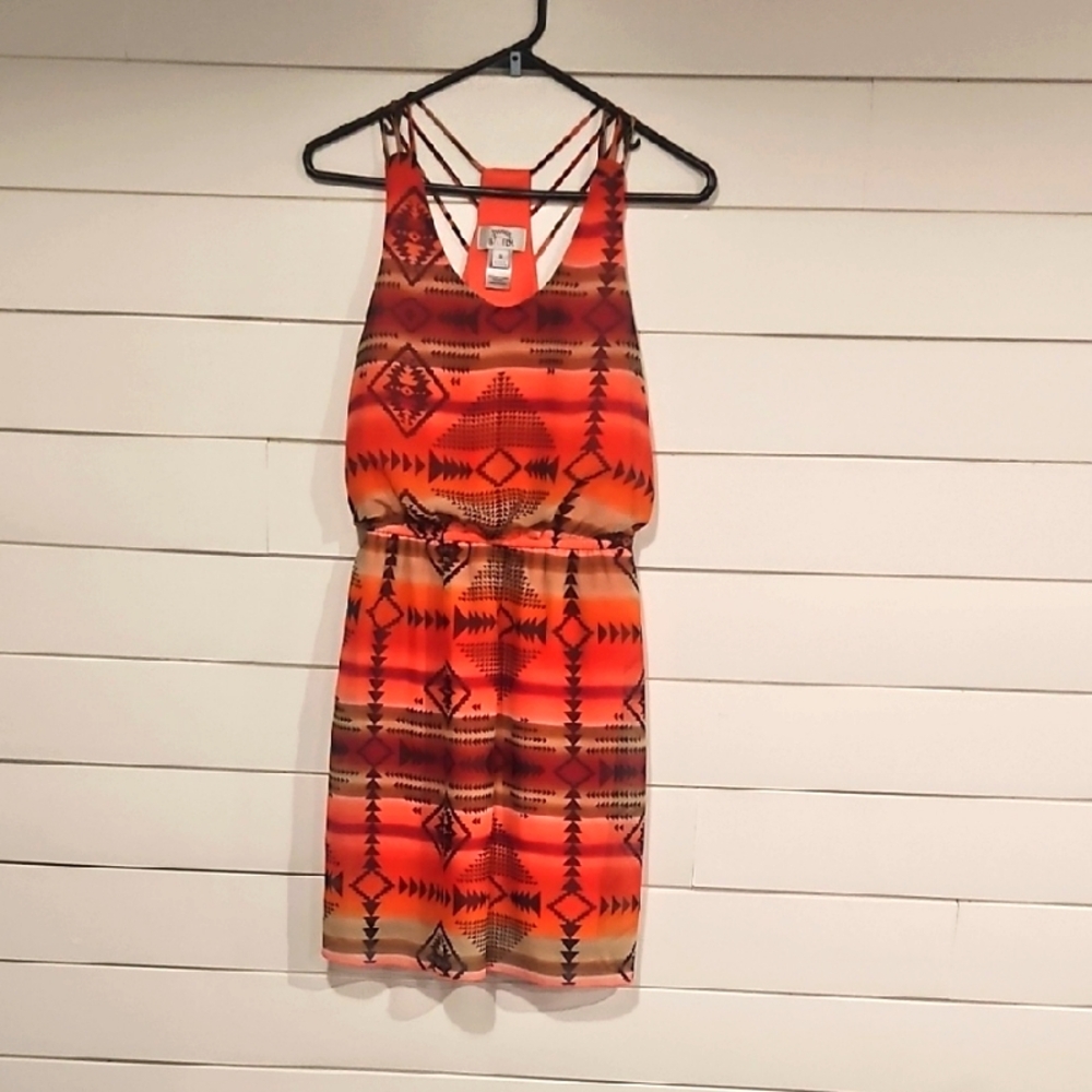 Tribal Print Sleeveless Dress - Orange and Black